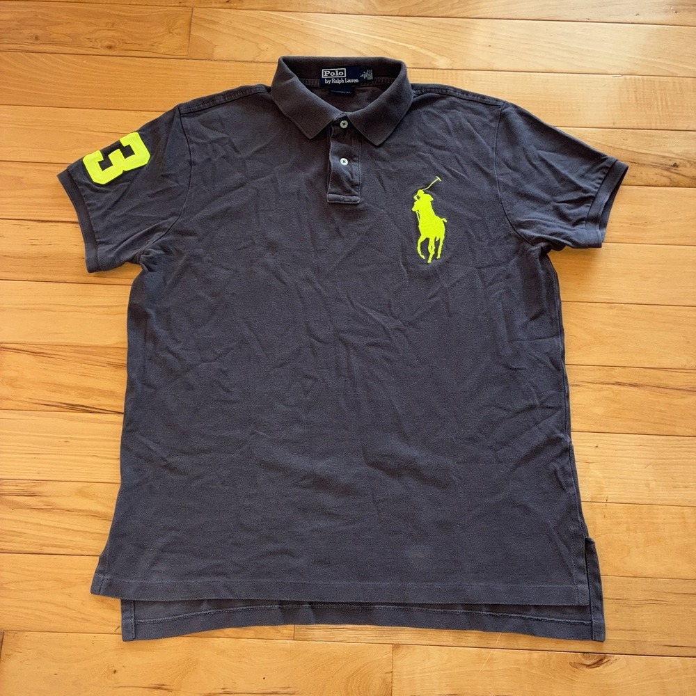 Vintage Polo Ralph Lauren Big Pony Polo Shirt Large Grey Neon Logo Custom Fit